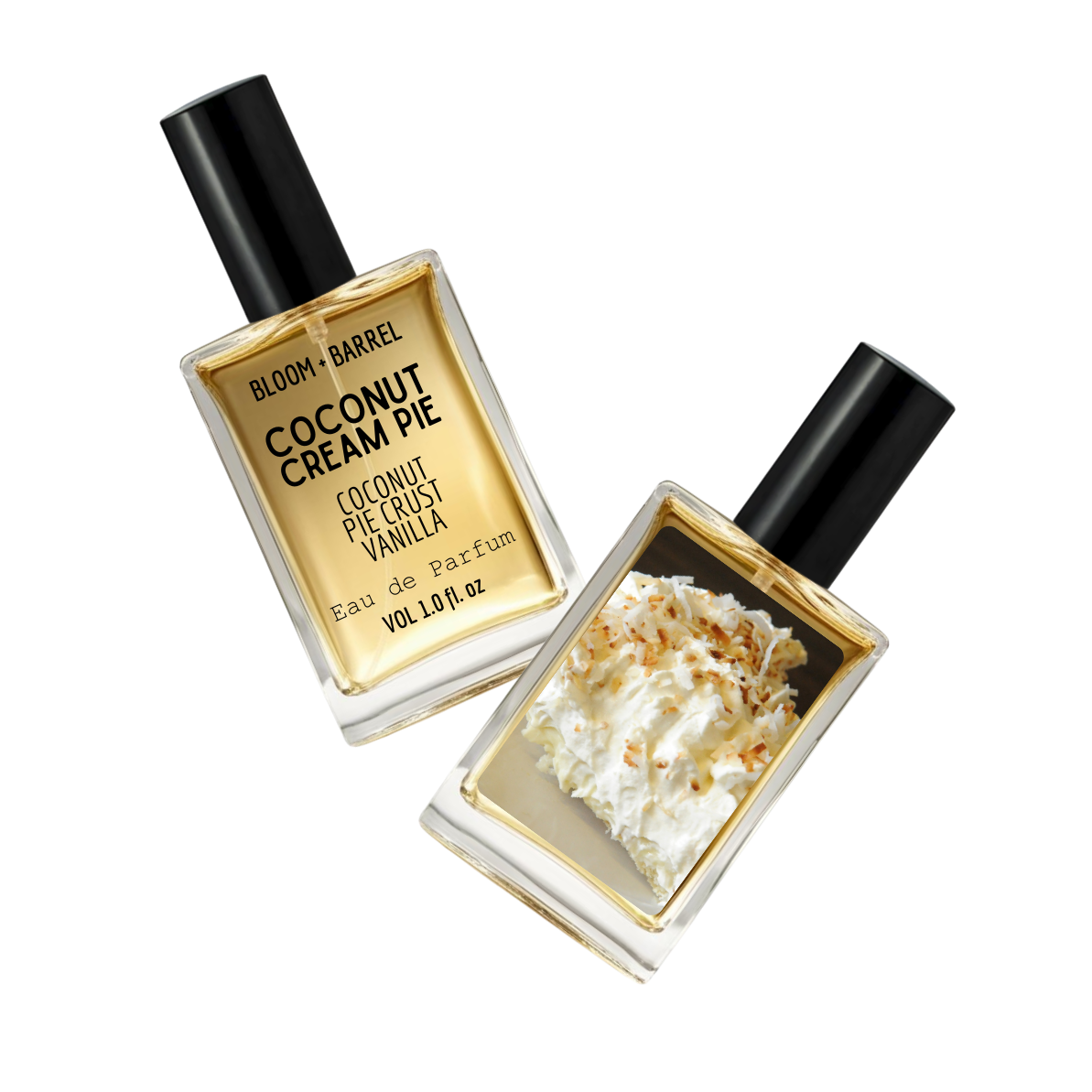 Two perfume bottles with visible labels on a white background