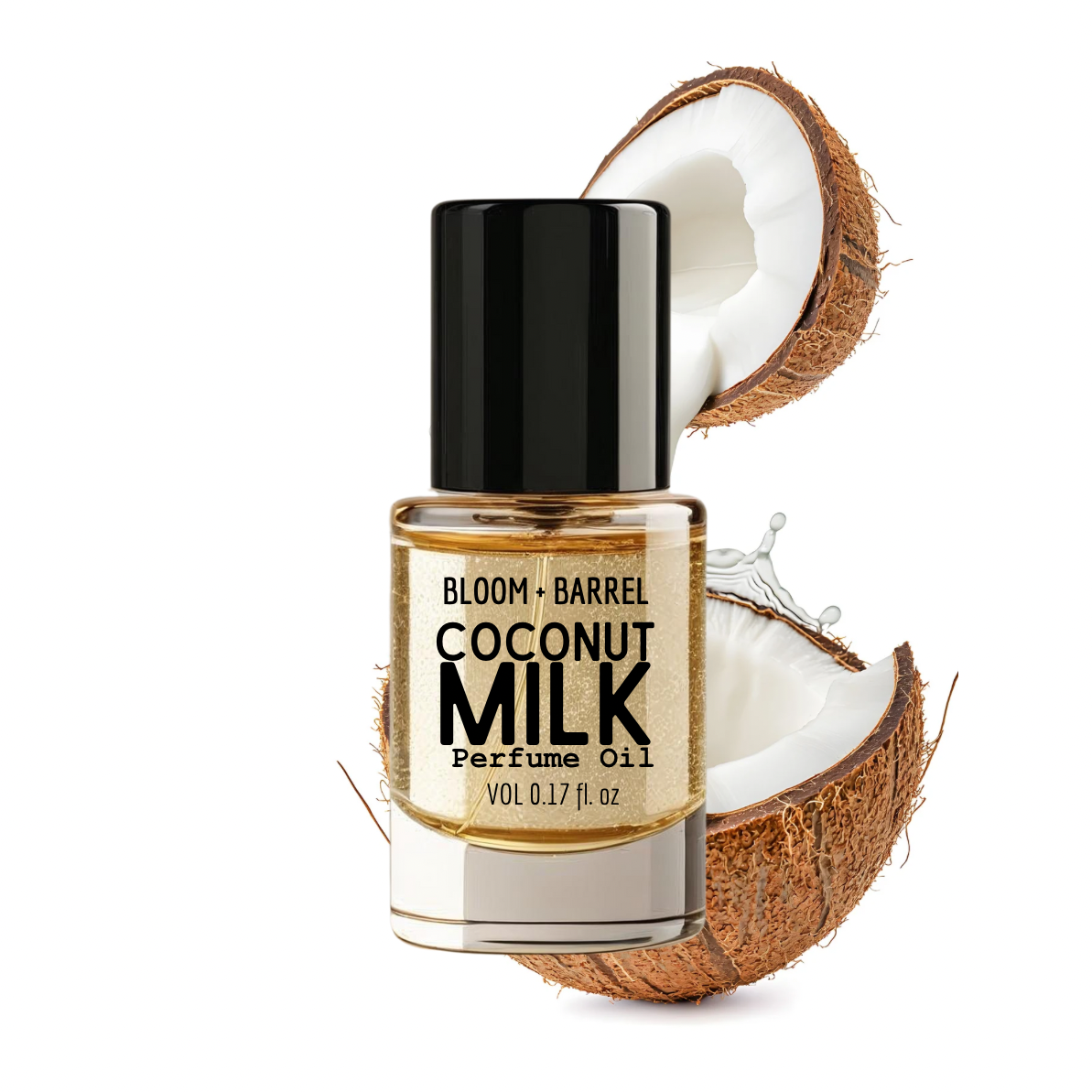 Coconut milk perfume oil bottle with a split coconut on a white background