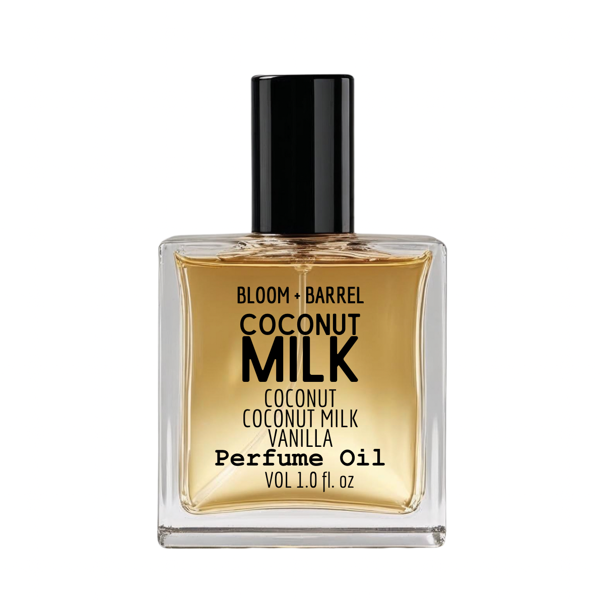 Perfume oil bottle labeled 'Coconut Milk' by Bloom + Barrel on a white background