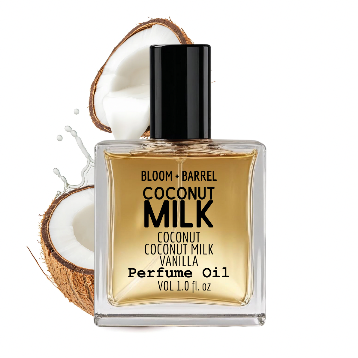 Perfume oil bottle labeled 'Coconut Milk' with a coconut next to it on a white background