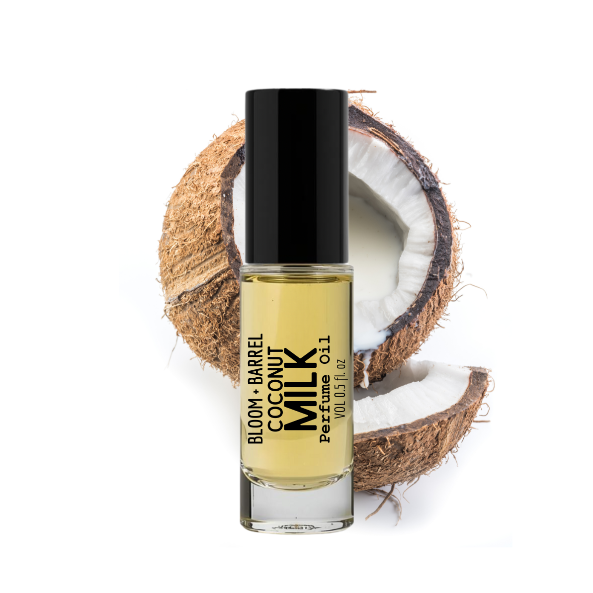 Perfume bottle labeled 'Bloom Barrel Coconut Milk' with a coconut next to it on a white background