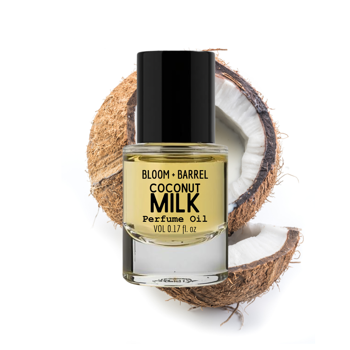Bottle of Bloom & Barrel Coconut Milk Perfume Oil on a white background with a coconut half.