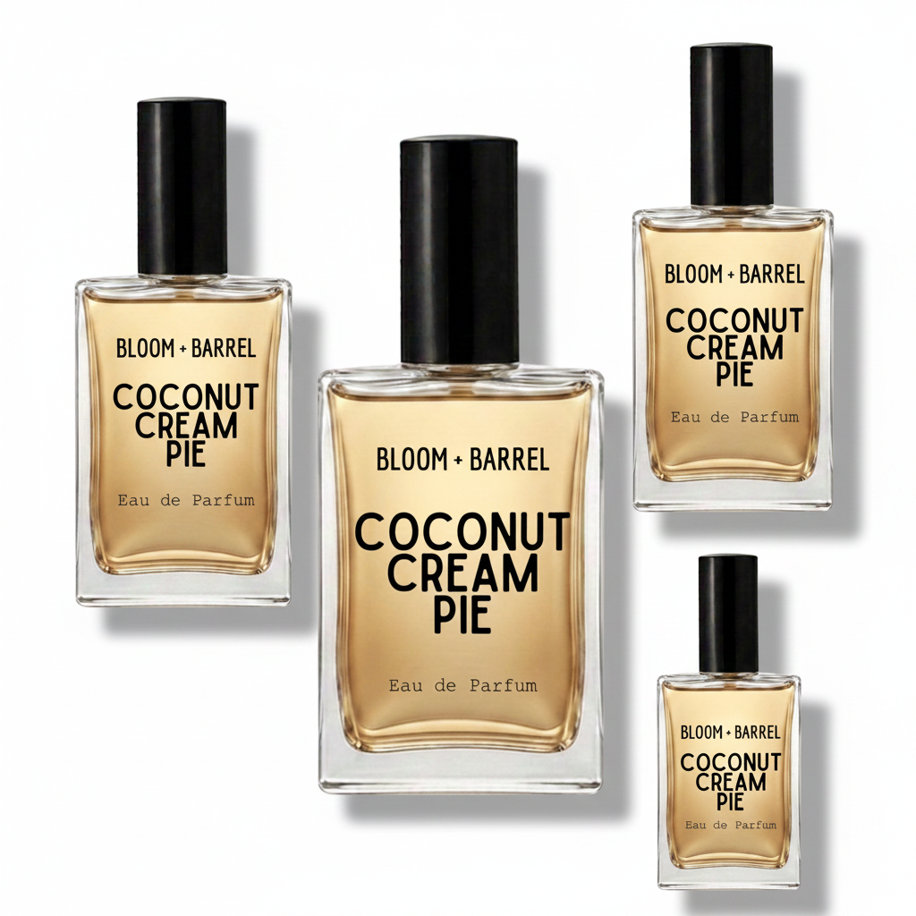 Four glass perfume bottles with black caps on a white background, varying in size but all labeled BLOOM + BARREL 25:43 Inspired By Lush Eau de Parfum.