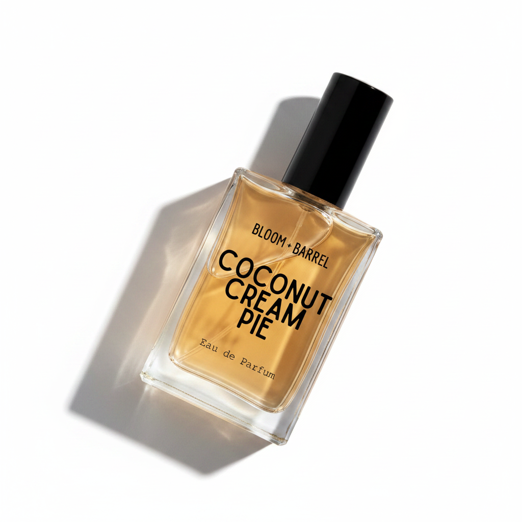 A rectangular glass perfume bottle filled with a warm amber liquid, featuring a black cylindrical cap and a clear label that reads 'BLOOM • BARREL' and 'COCONUT CREAM PIE Eau de Parfum' in black text, centered on a plain white background.