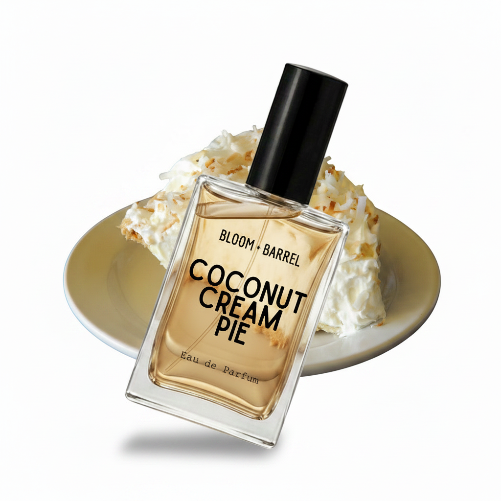 A perfume bottle labeled 'BLOOM • BARREL COCONUT CREAM PIE' with a black cap, placed in front of a plate of coconut cream pie on a white background.