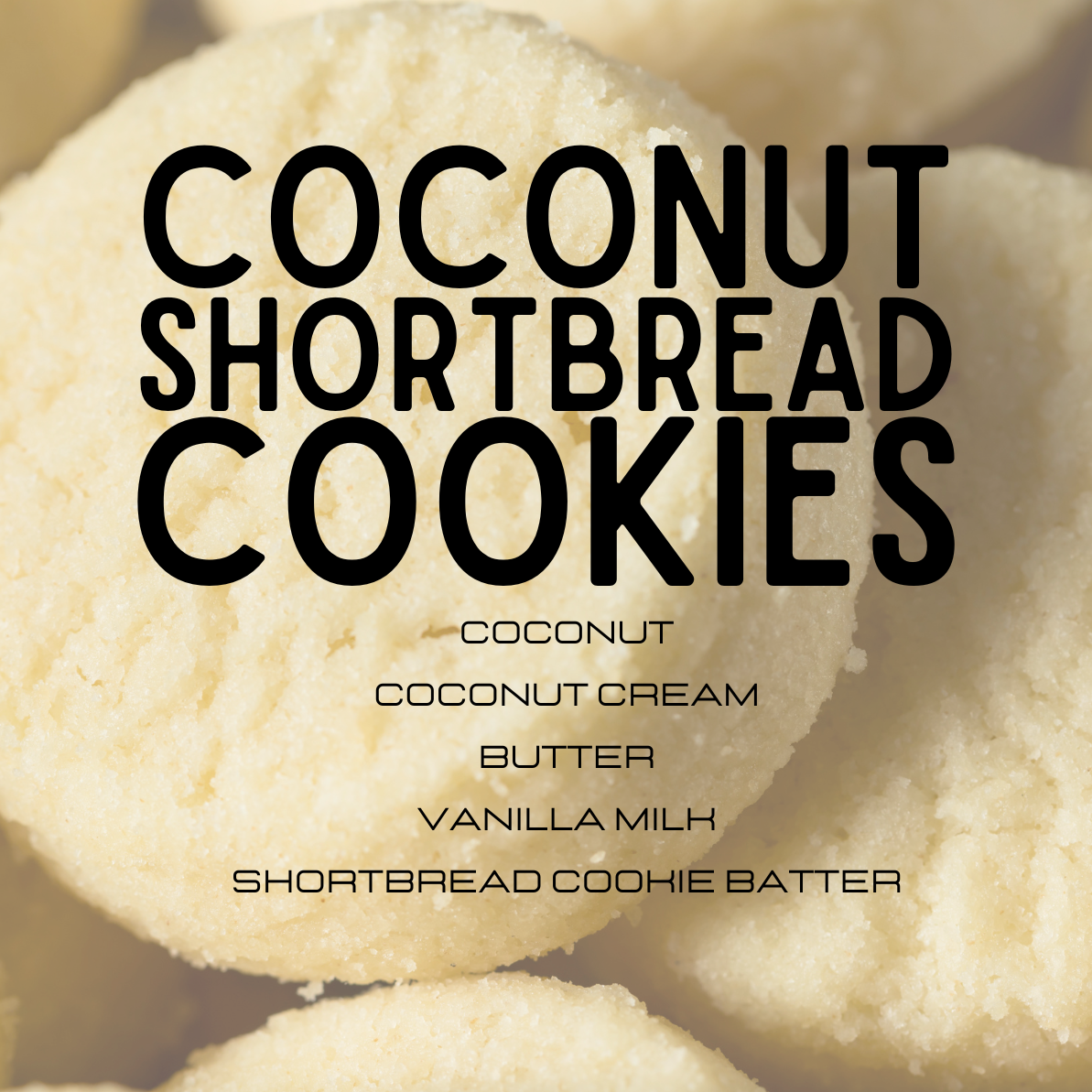 Coconut shortbread cookies with a text overlay listing ingredients.