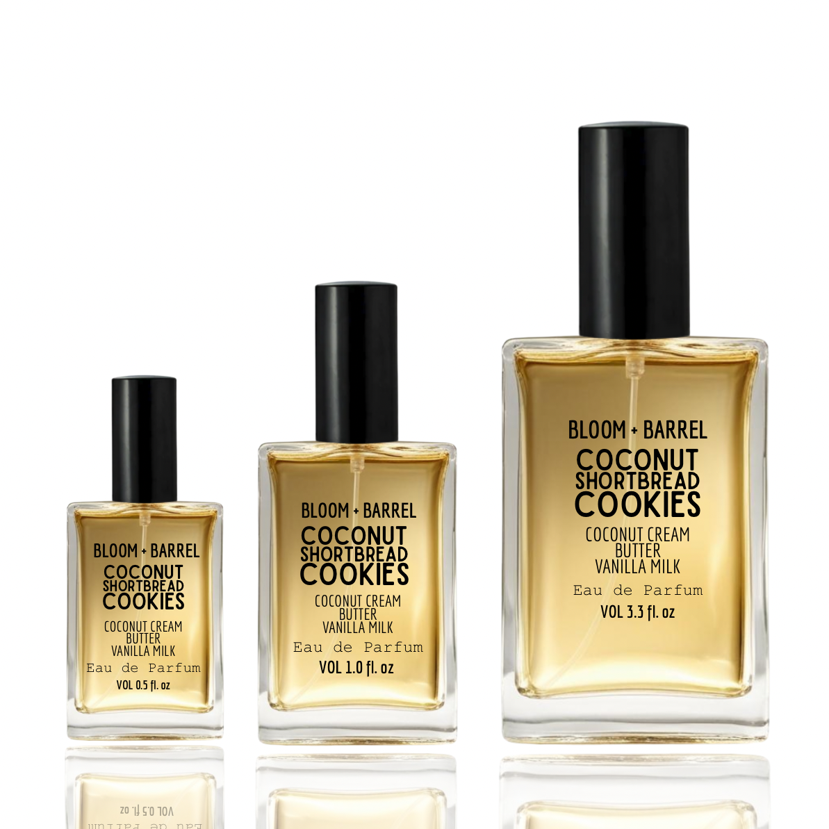 Three bottles of Bloom & Barrel Coconut Shortbread Cookies perfume on a white background