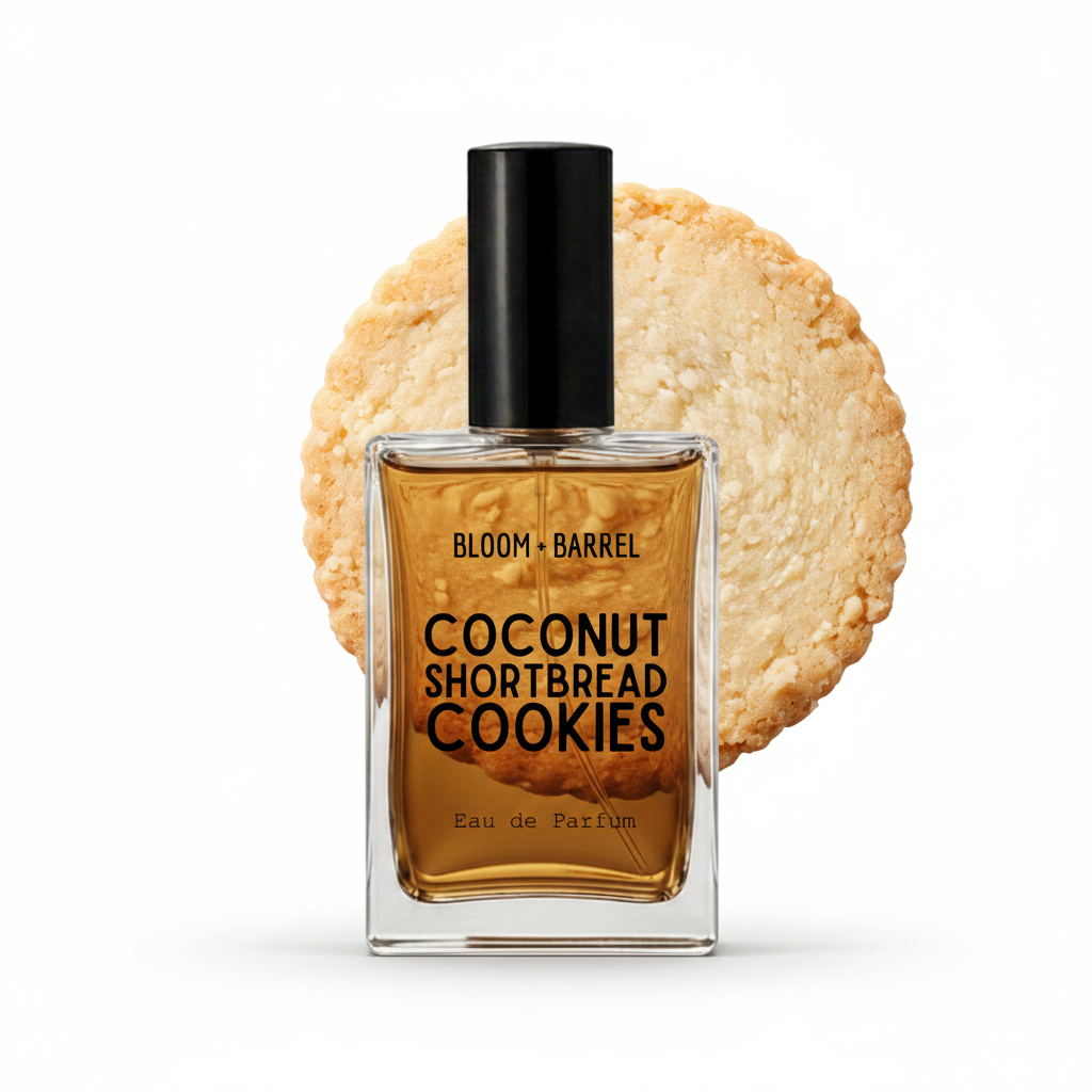A perfume bottle labeled 'BLOOM • BARREL' and 'COCONUT SHORTBREAD COOKIES' stands in front of a round cookie graphic on a white background.