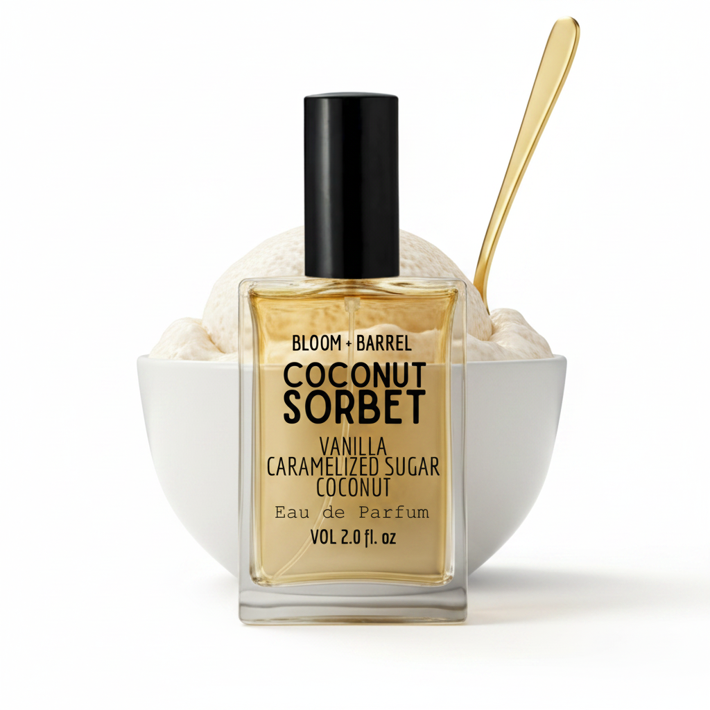 Bottle of Bloom & Barrel Coconut Sorbet perfume with a spoon and container on a white background