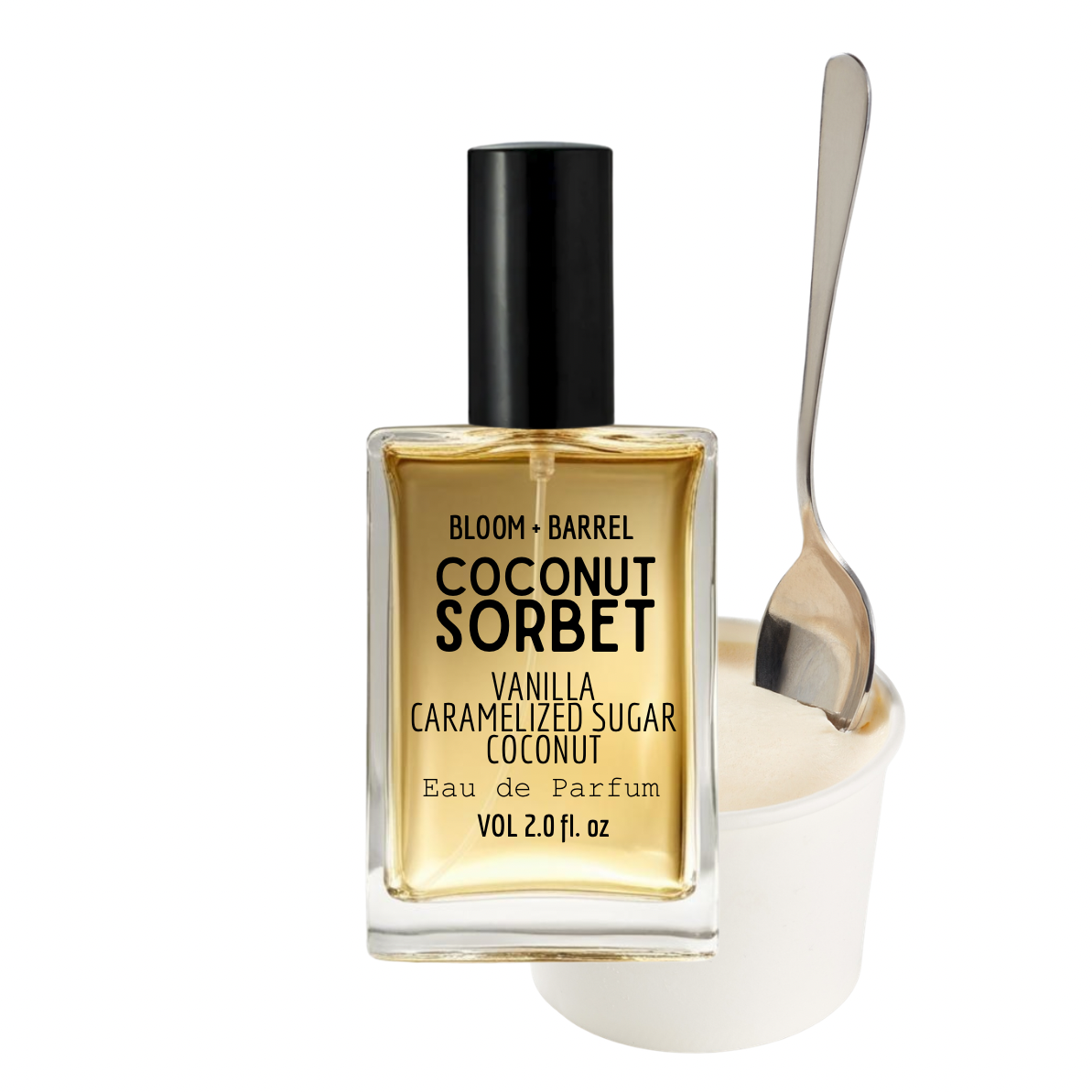 Bottle of Bloom & Barrel Coconut Sorbet perfume with a spoon and container on a white background