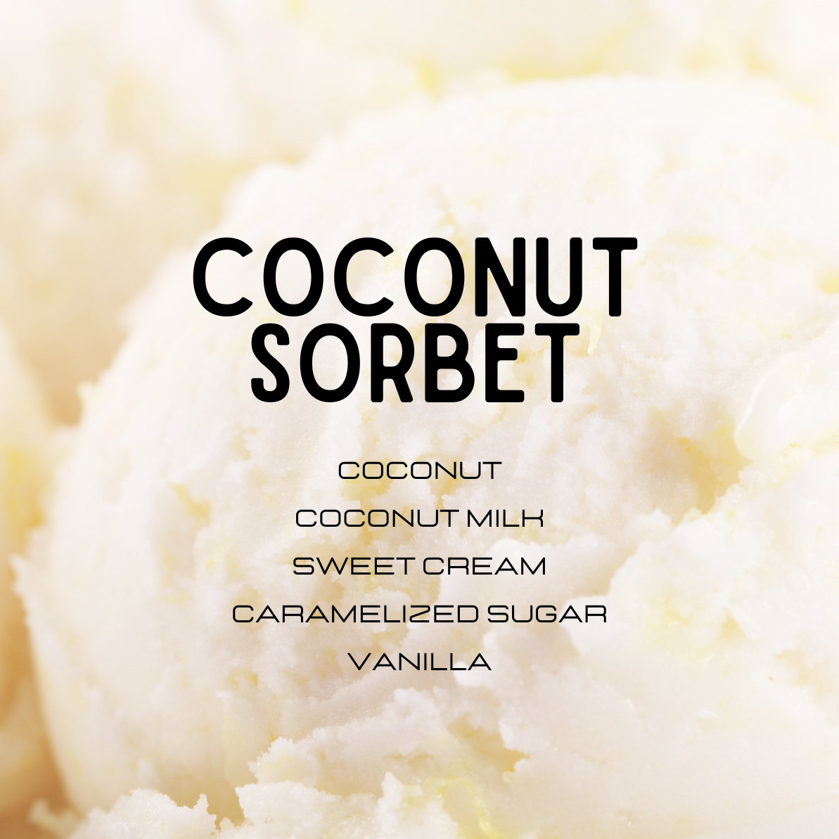 Coconut sorbet with ingredients listed on a blurred background