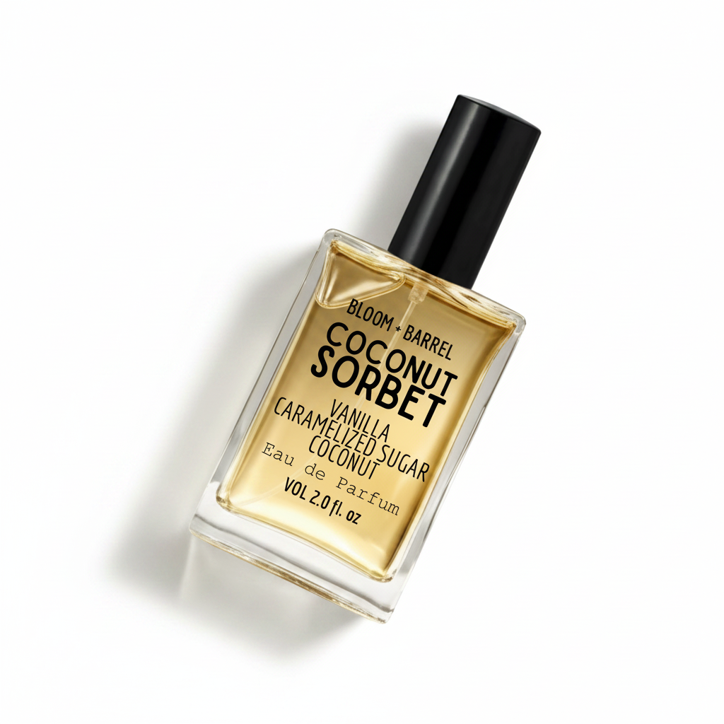 Bottle of Bloom & Barrel Coconut Sorbet eau de parfum on a white background