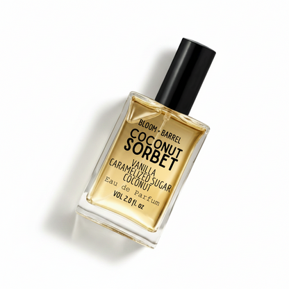 Bottle of Bloom & Barrel Coconut Sorbet eau de parfum on a white background