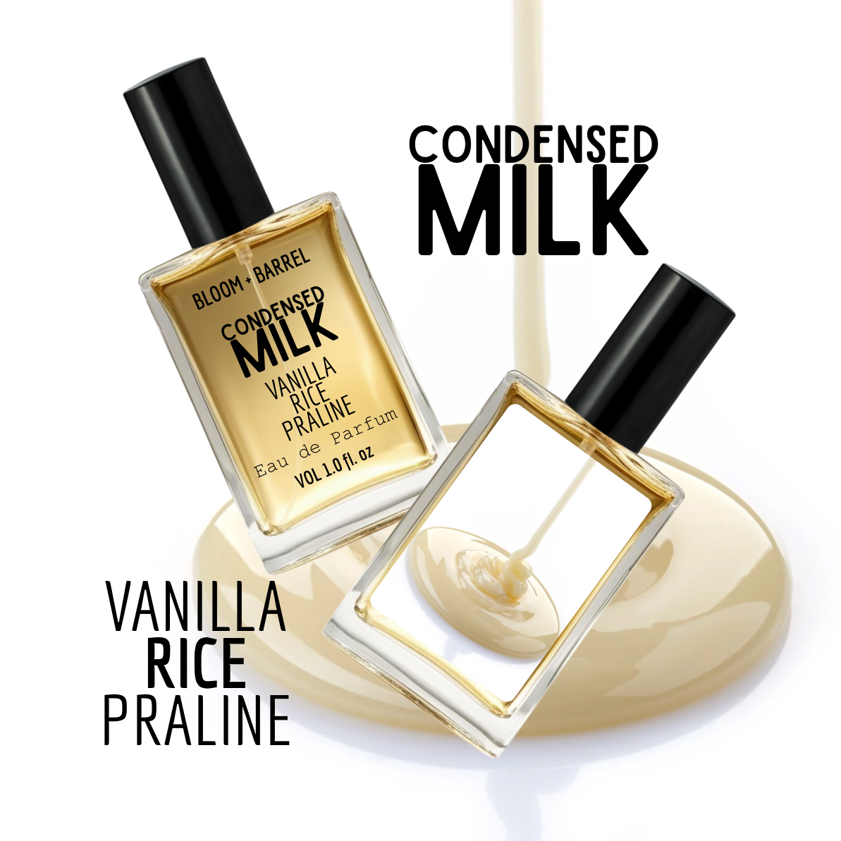Two perfume bottles labeled 'Condensed Milk' and 'Vanilla Rice Praline' on a white background.