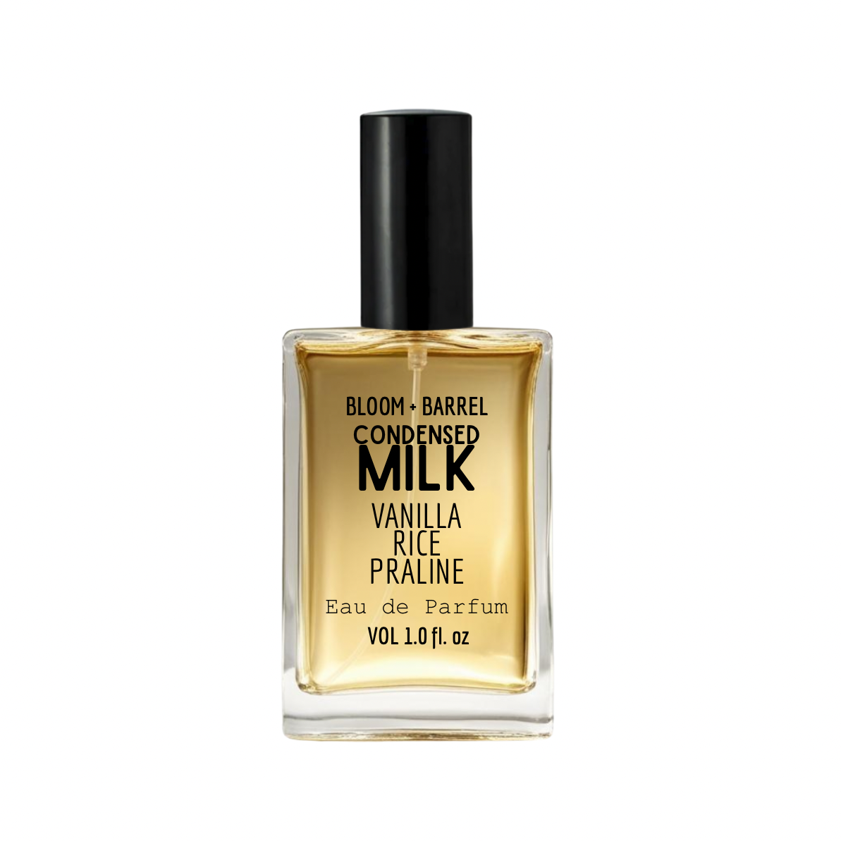 Perfume bottle labeled 'Bloom + Barrel Condensed Milk Vanilla Rice Praline' on a white background