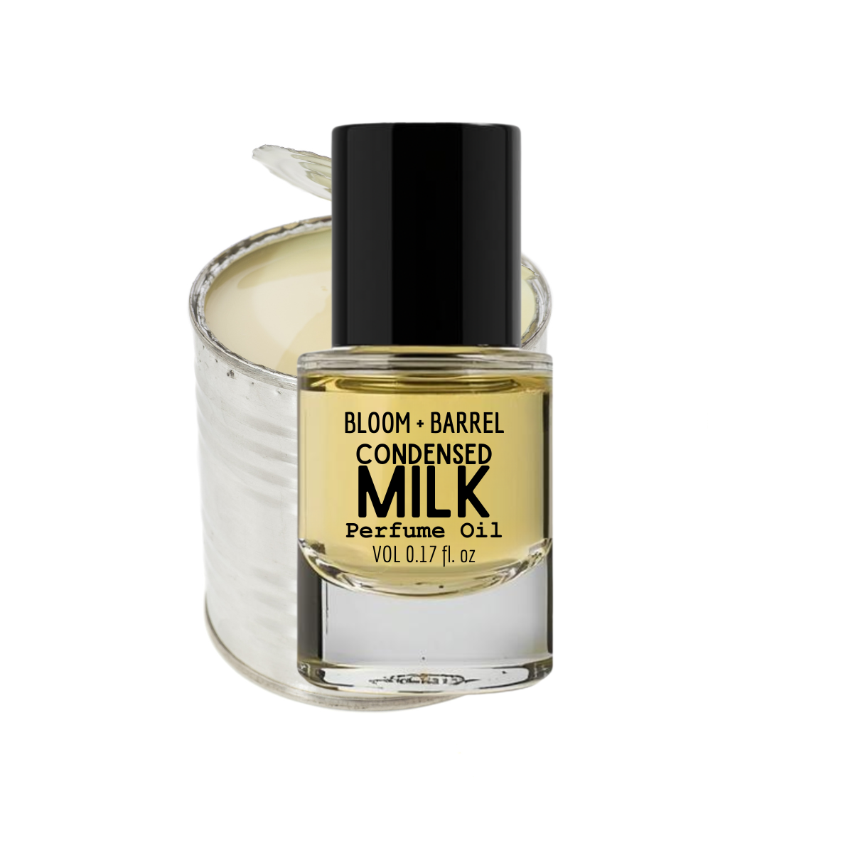 Bottle of Bloom & Barrel Condensed Milk Perfume Oil on a white background
