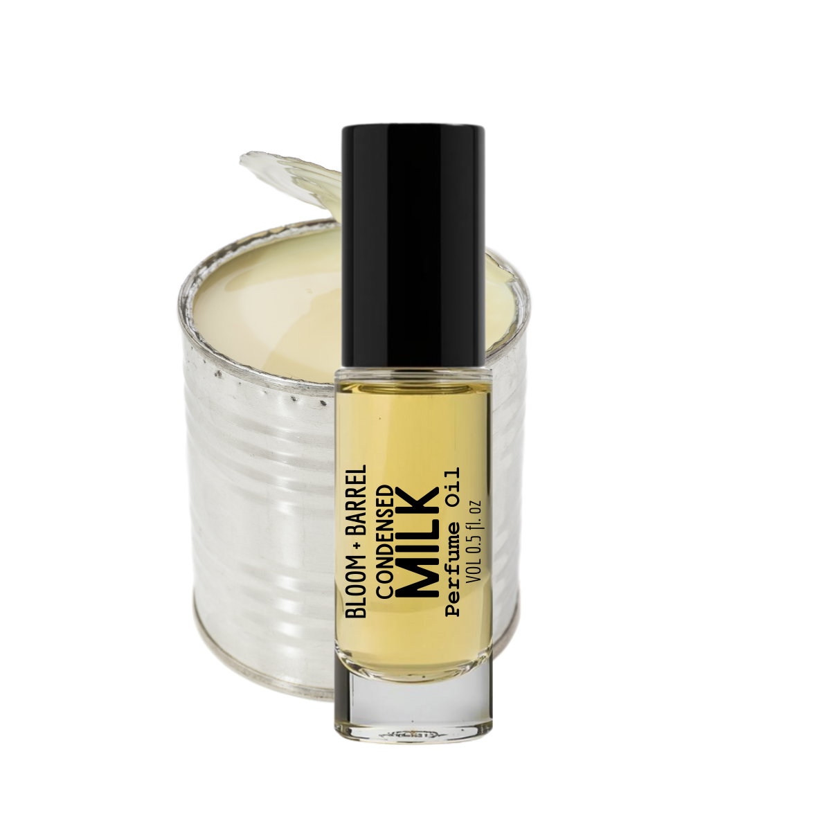 Perfume bottle labeled 'Bloom & Barrel Condensed Milk' on a white background