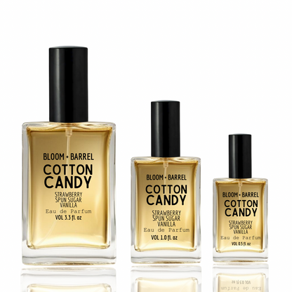 Three bottles of Bloom & Barrel Cotton Candy perfume on a white background