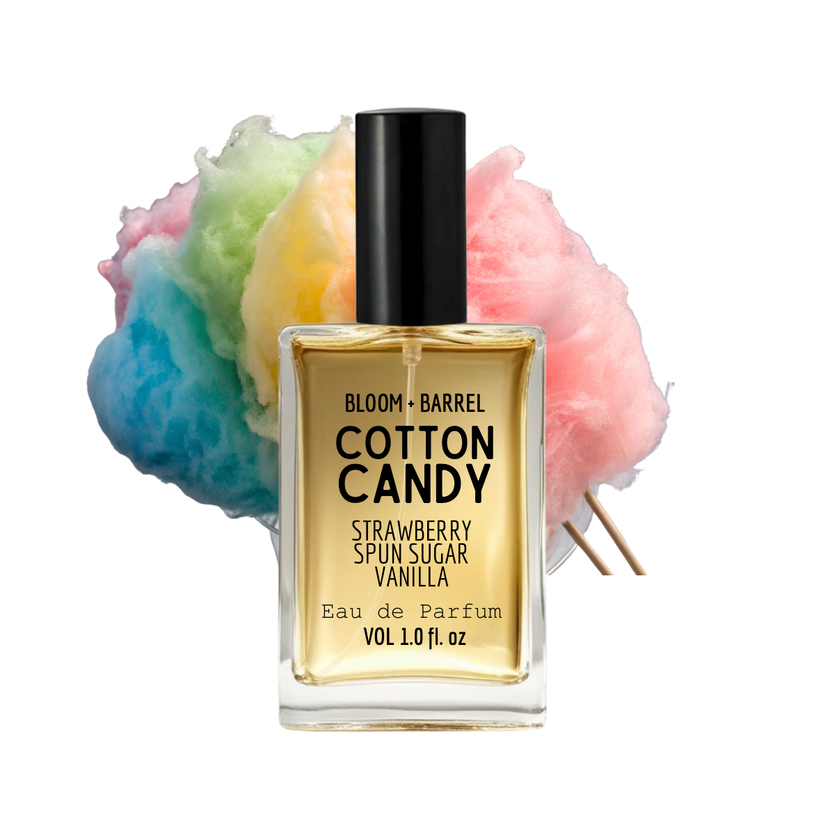 Perfume bottle labeled 'Cotton Candy' with colorful cotton candy on a white background