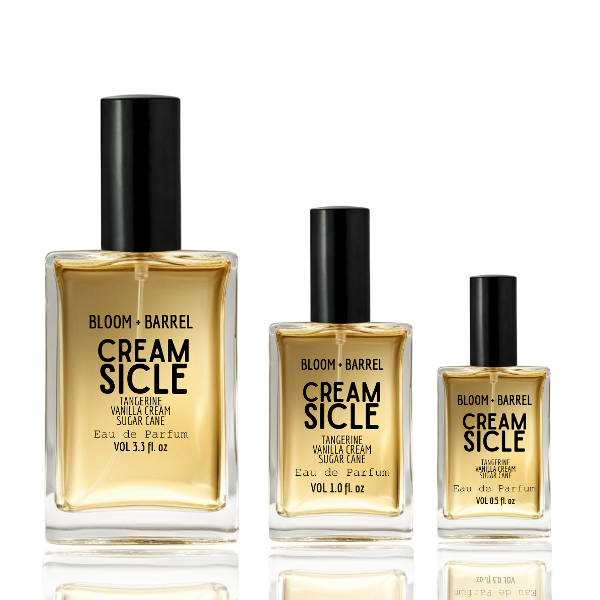 Three bottles of Bloom & Barrel Cream Sicle perfume on a white background
