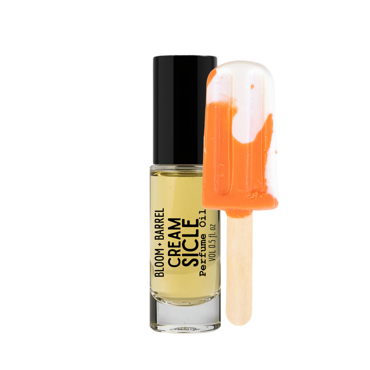 Bottle of Bloom & Barrel Cream Sicle perfume with a popsicle-shaped applicator on a white background