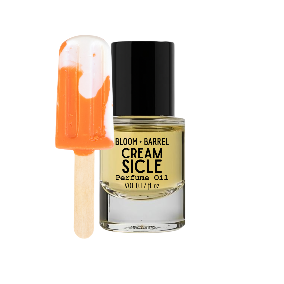 Perfume oil bottle labeled 'Cream Sicle' with a popsicle-shaped container on a white background