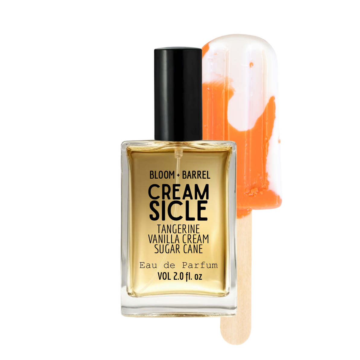 Bottle of Bloom & Barrel Cream Sicle eau de parfum with a popsicle-shaped container on a white background