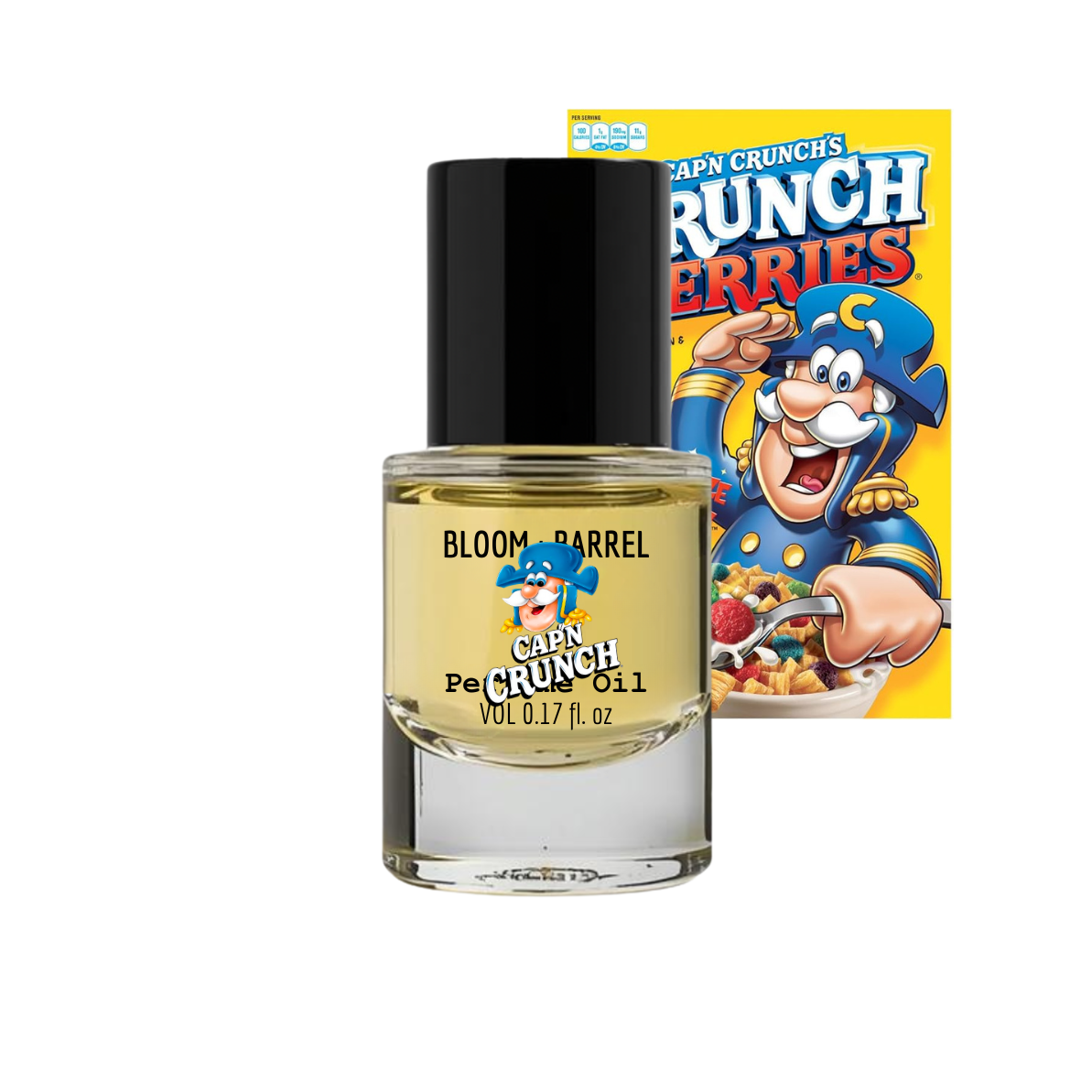 Bottle of Cap'n Crunch oil with a box featuring the Cap'n Crunch character on a white background