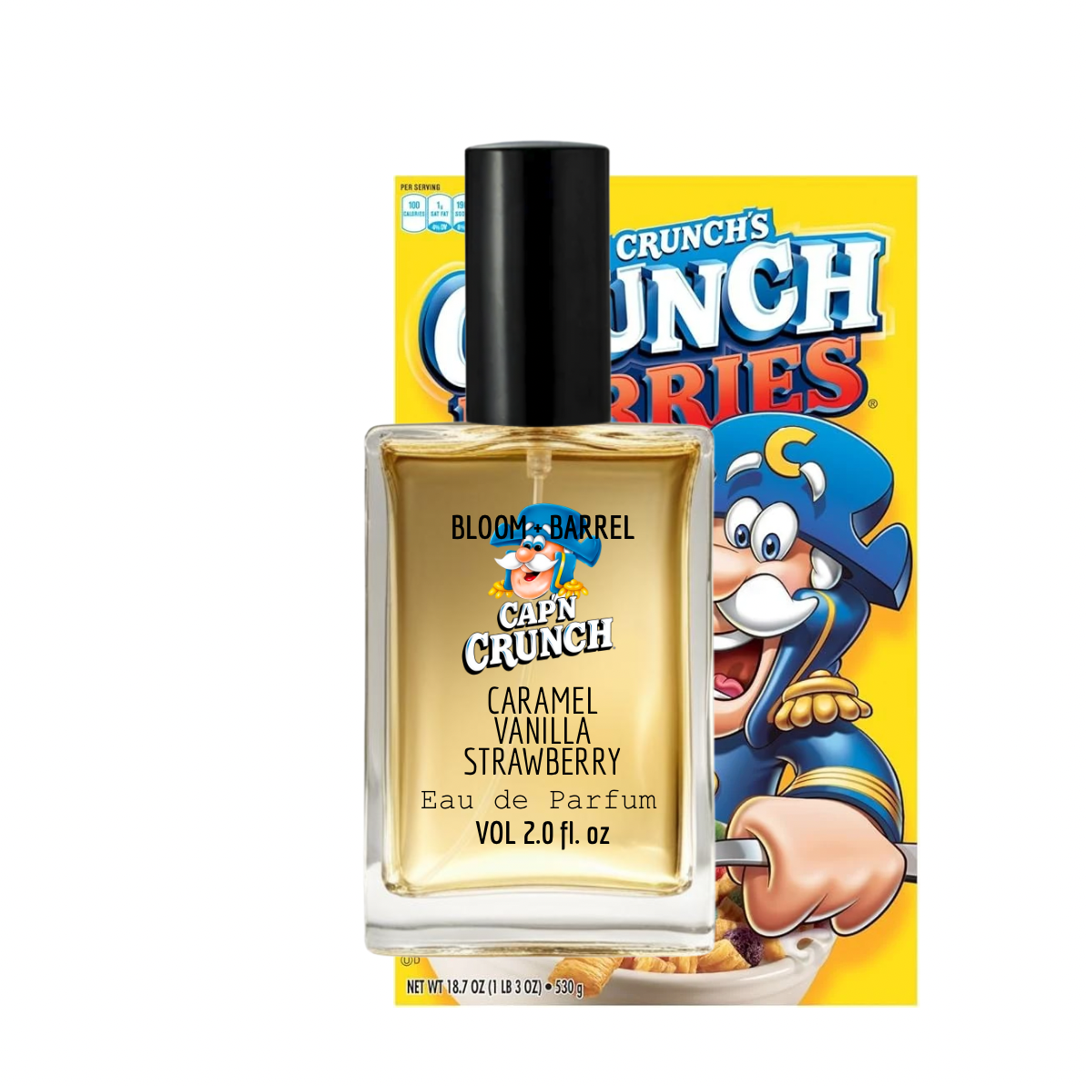 Cap'n Crunch cereal box with a bottle of Caramel Vanilla Strawberry eau de parfum on a white background