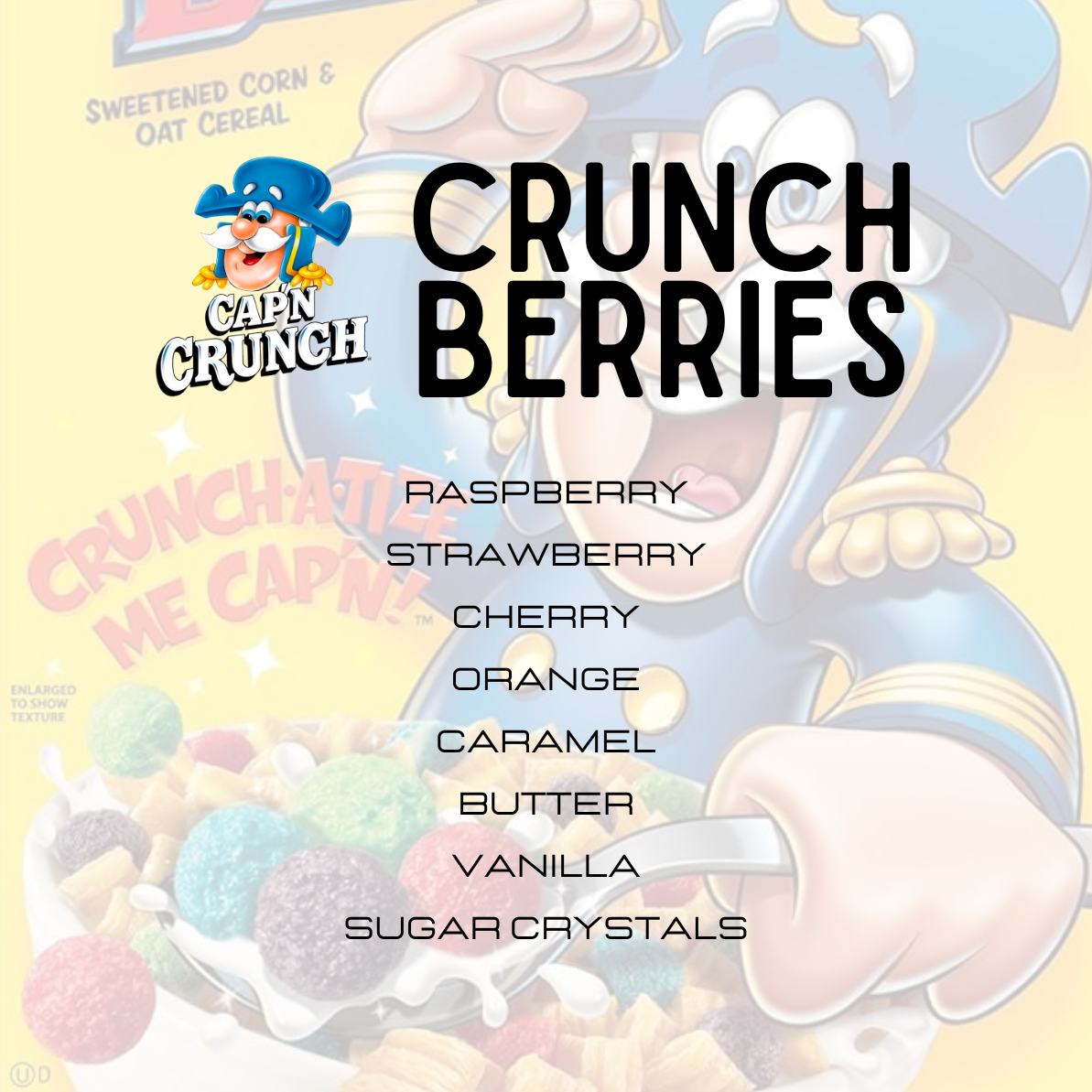 Cabin Crunch Crunch Berries cereal box with character and flavor list on a pastel background