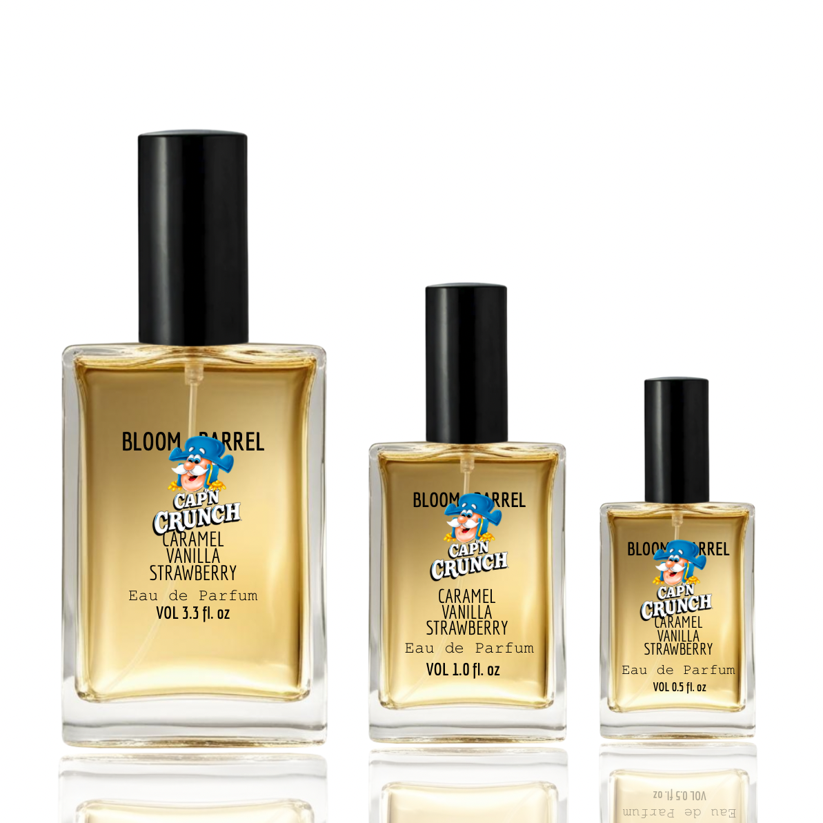 Three bottles of 'Carn Crunch Caramel Vanilla Strawberry' perfume by Bloom Barrel on a white background.