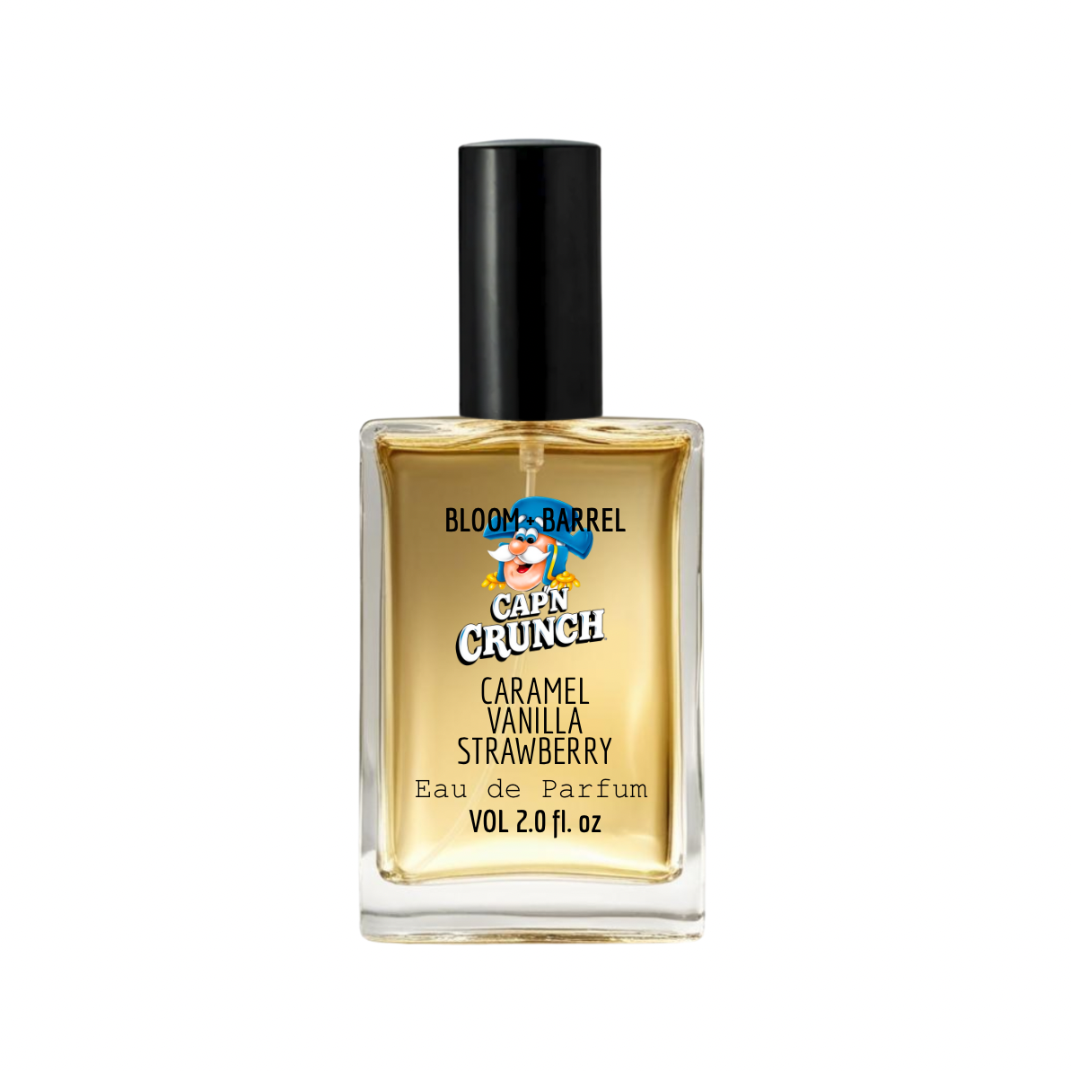Cap'n Crunch Caramel Vanilla Strawberry perfume bottle on a white background