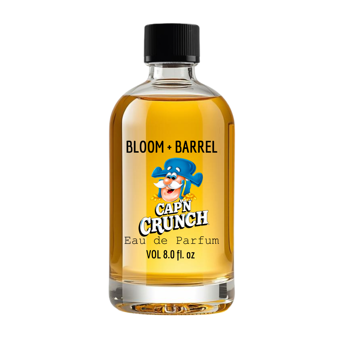 Bottle of Cap'n Crunch Eau de Parfum by Bloom & Barrel on a white background