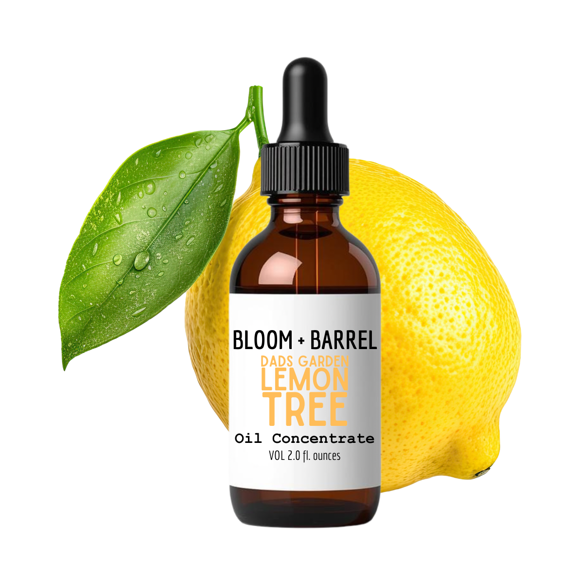 Bottle of Bloom + Barrel Lemon Tree Oil Concentrate with a lemon and leaf on a white background