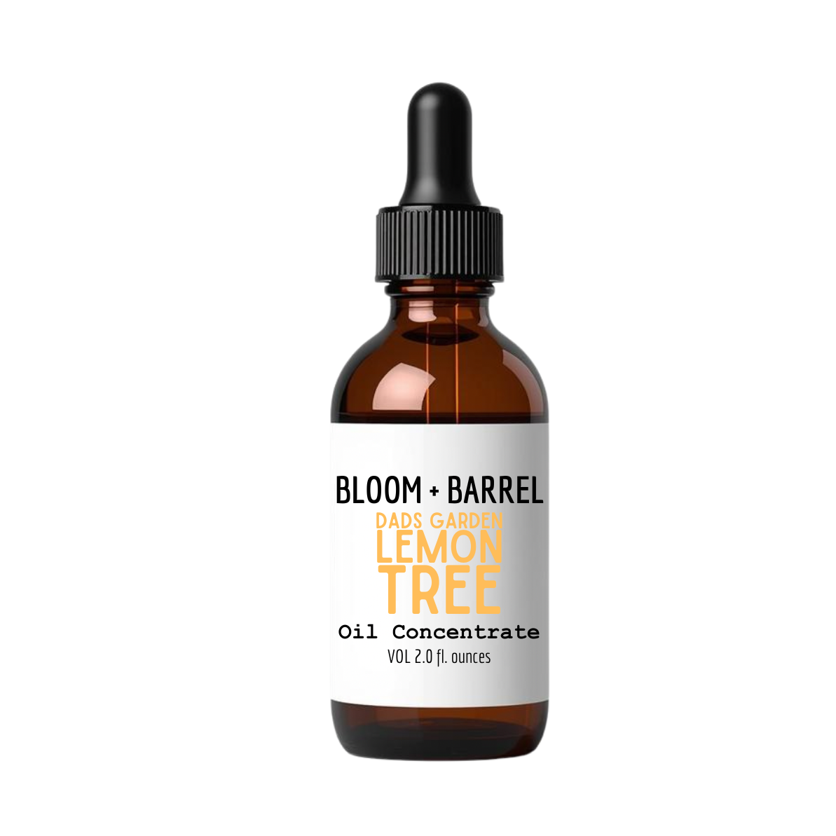 Bottle of Bloom + Barrel Lemon Tree oil concentrate on a white background