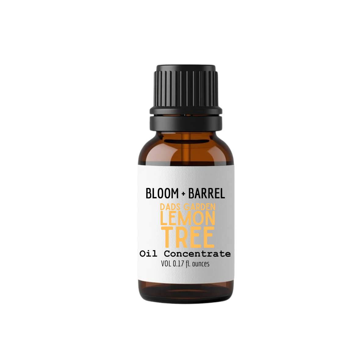 Bottle of Bloom & Barrel Lemon Tree oil concentrate on a white background