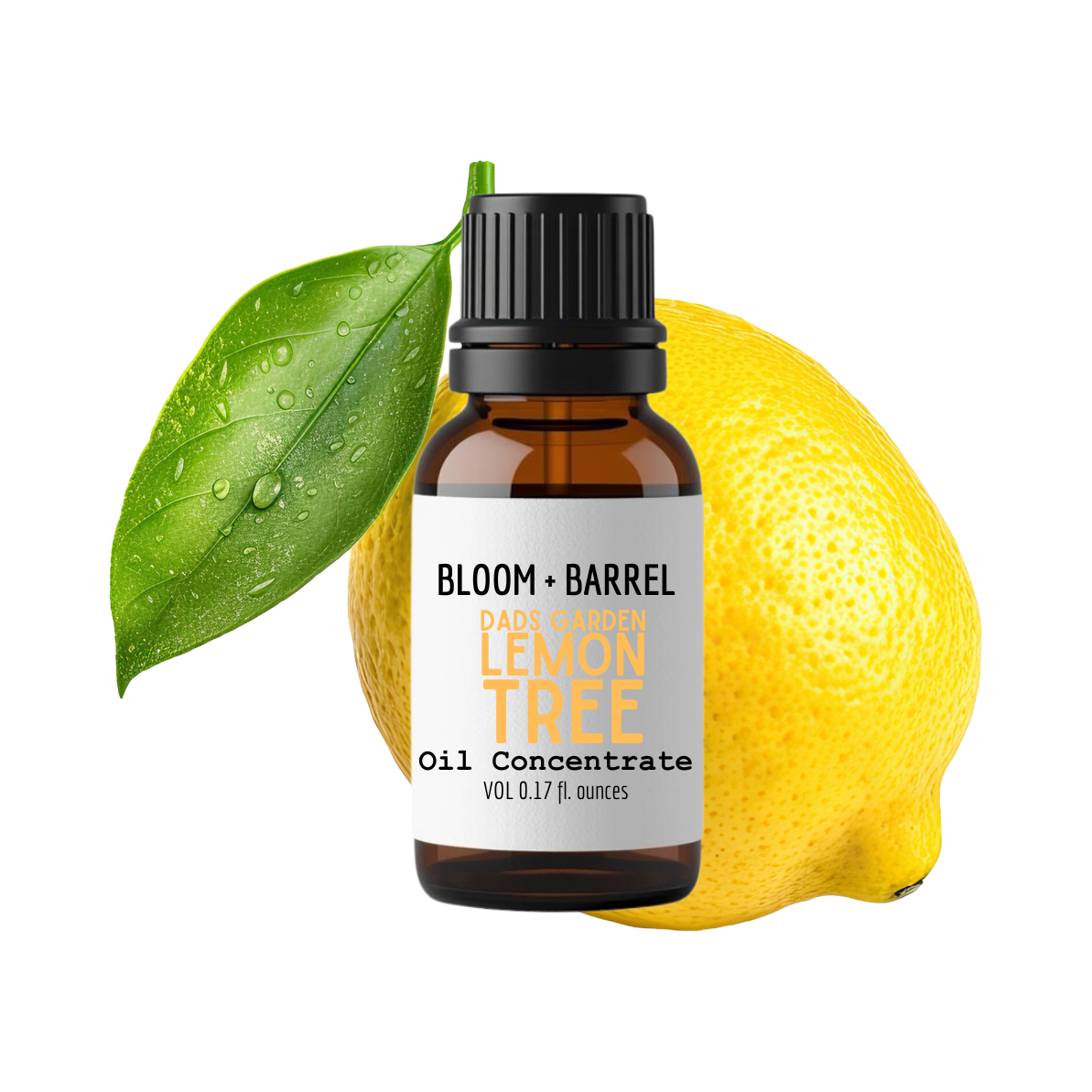 Bottle of Bloom & Barrel Lemon Tree oil concentrate with a lemon and green leaf on a white background