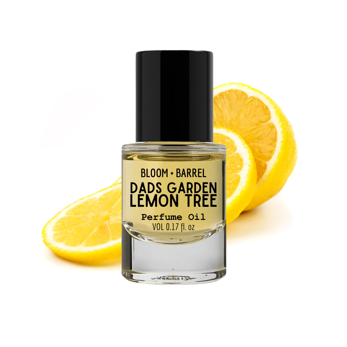 Perfume oil bottle labeled 'Dad's Garden Lemon Tree' with lemon slices on a white background