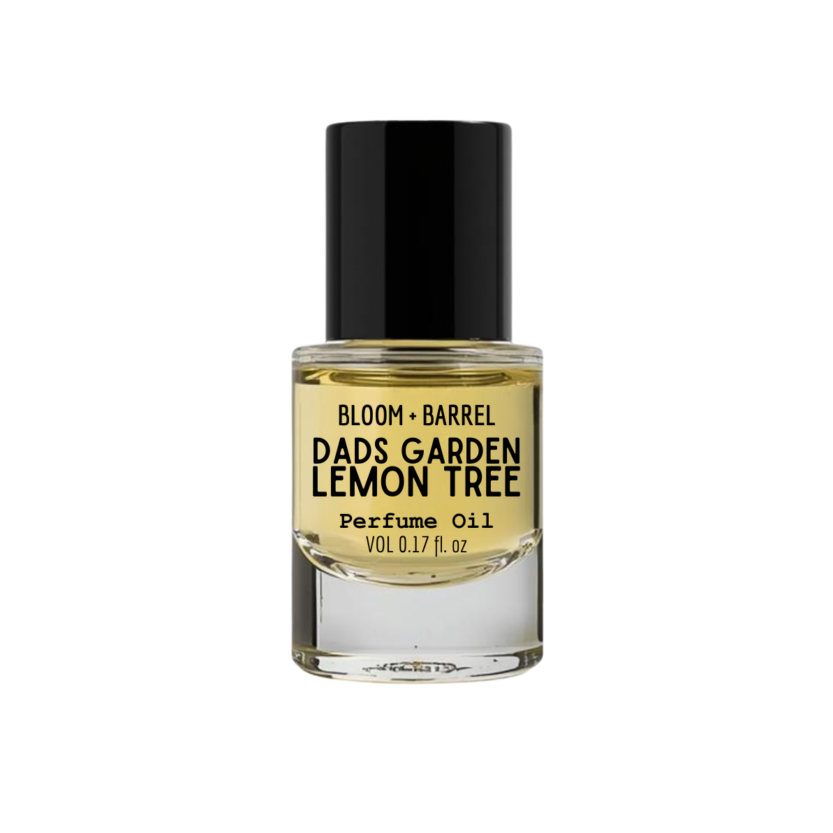 Perfume oil bottle labeled 'Dad's Garden Lemon Tree' on a white background