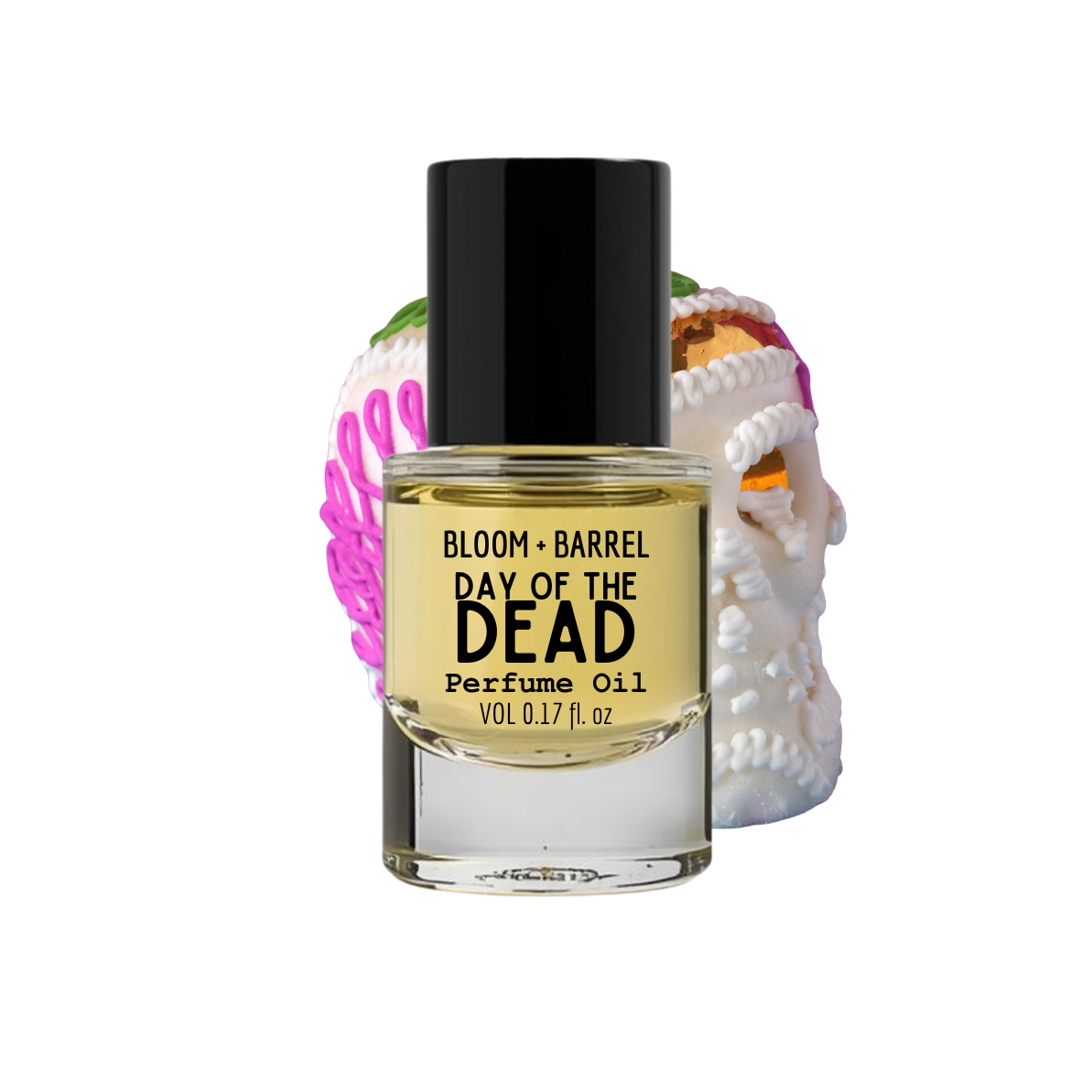 Perfume oil bottle labeled 'Day of the Dead' with decorative shell on a white background