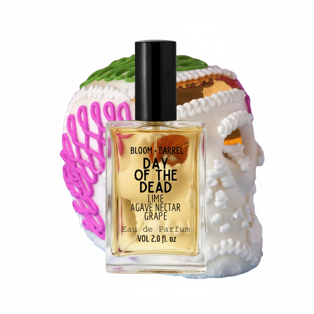Perfume bottle with decorative skull and floral elements on a white background