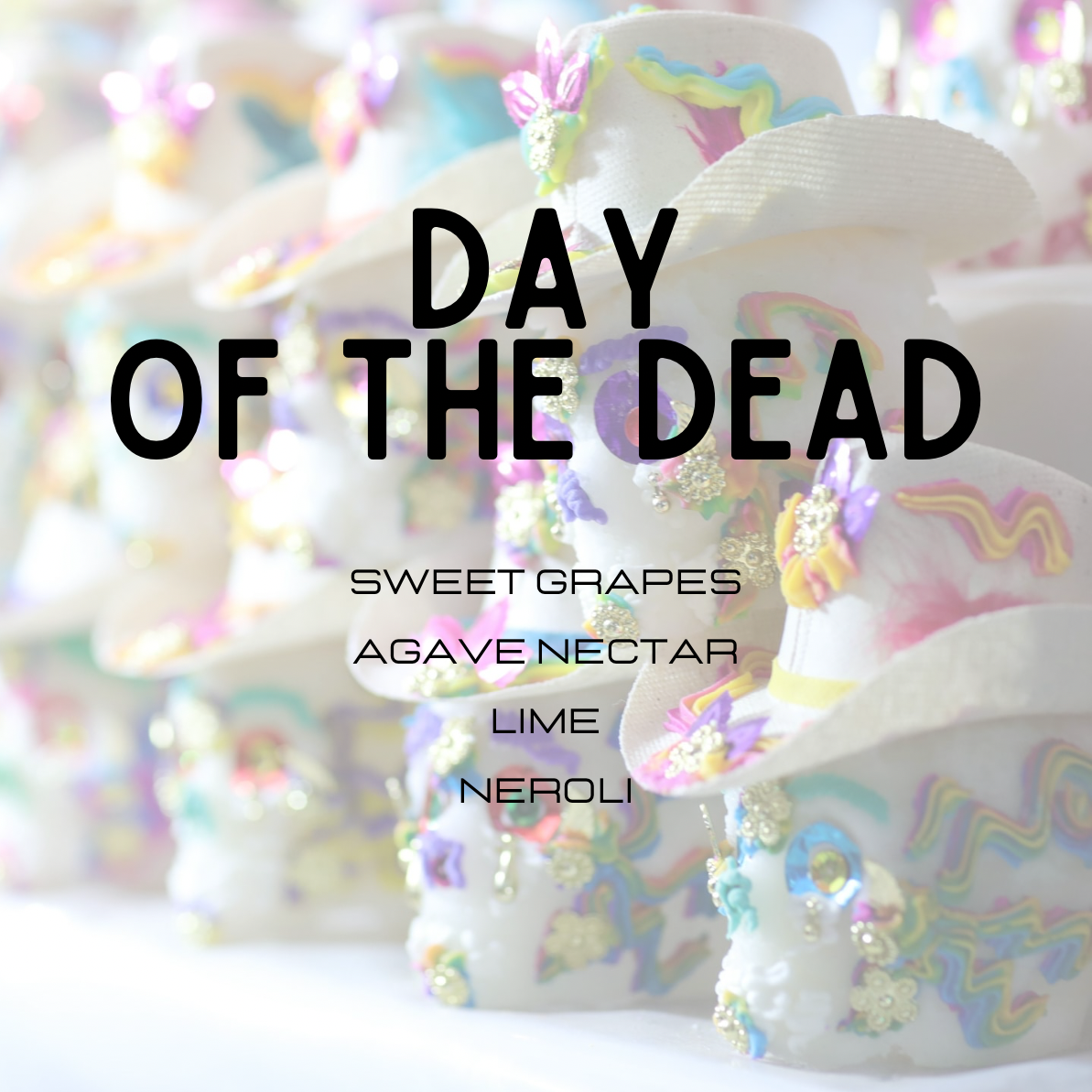Decorative skulls with colorful icing and text overlay on a blurred background