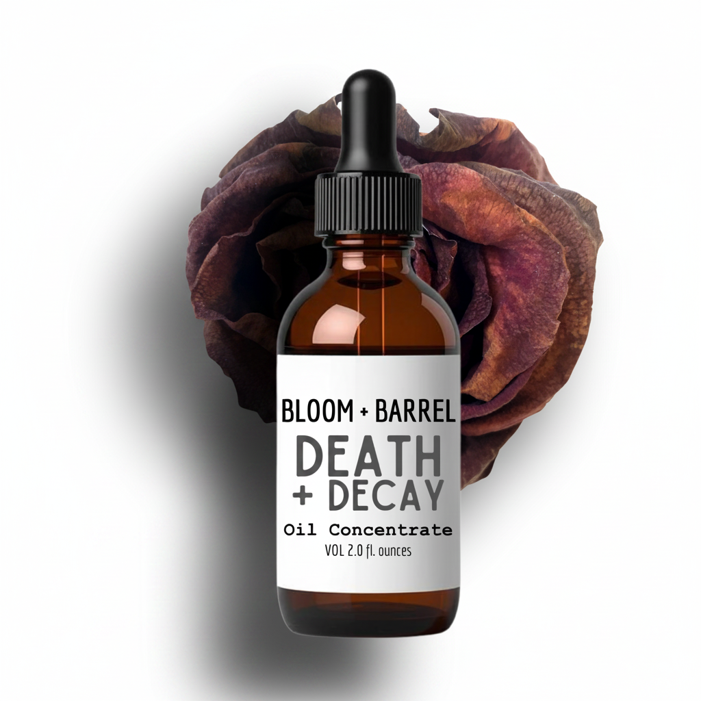 Bottle of 'Death + Decay' oil concentrate from Bloom + Barrel with a dried flower on a white background