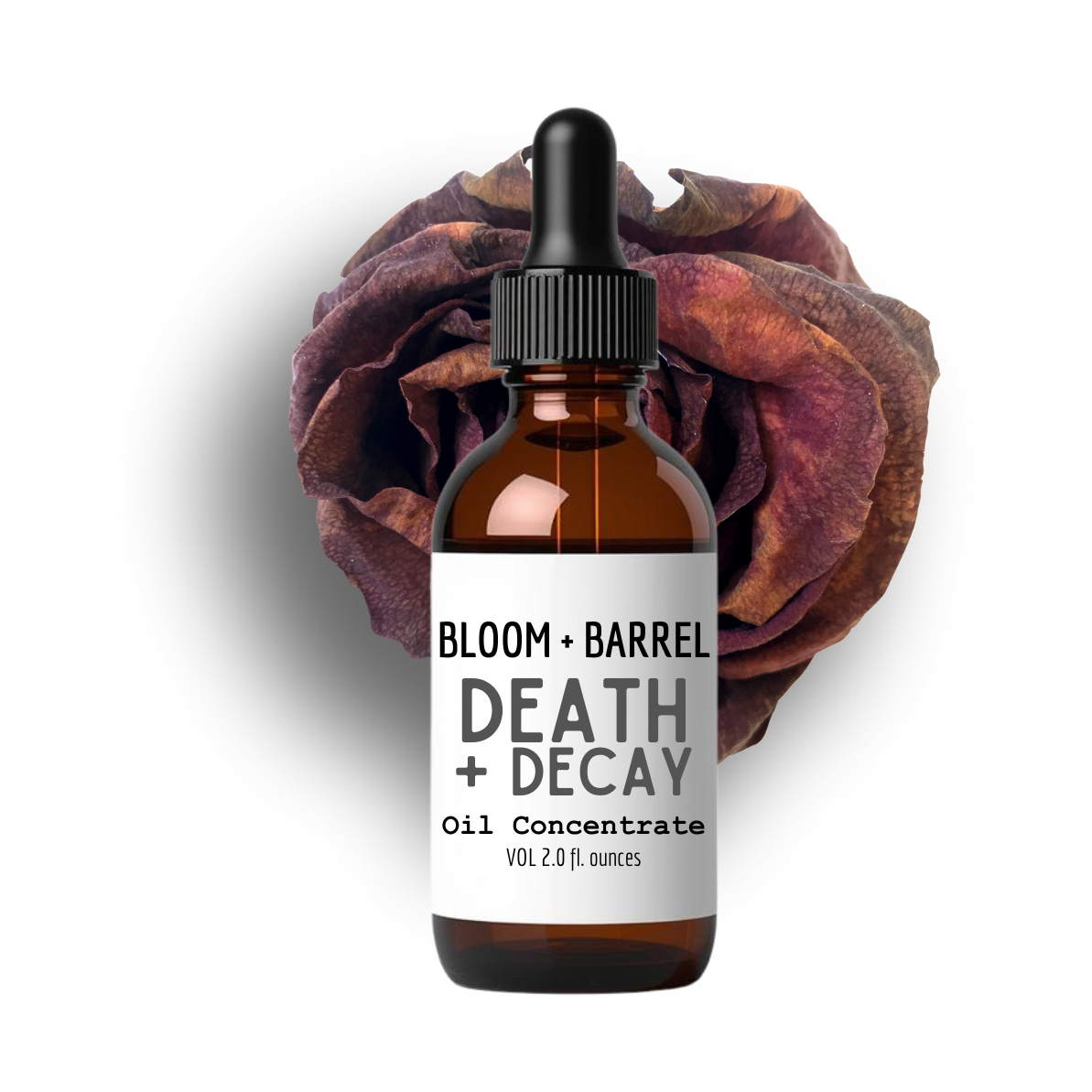 Bottle of 'Death + Decay' oil concentrate from Bloom + Barrel with a dried flower on a white background