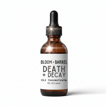 Bottle of Bloom + Barrel Death + Decay Oil Concentrate on a white background