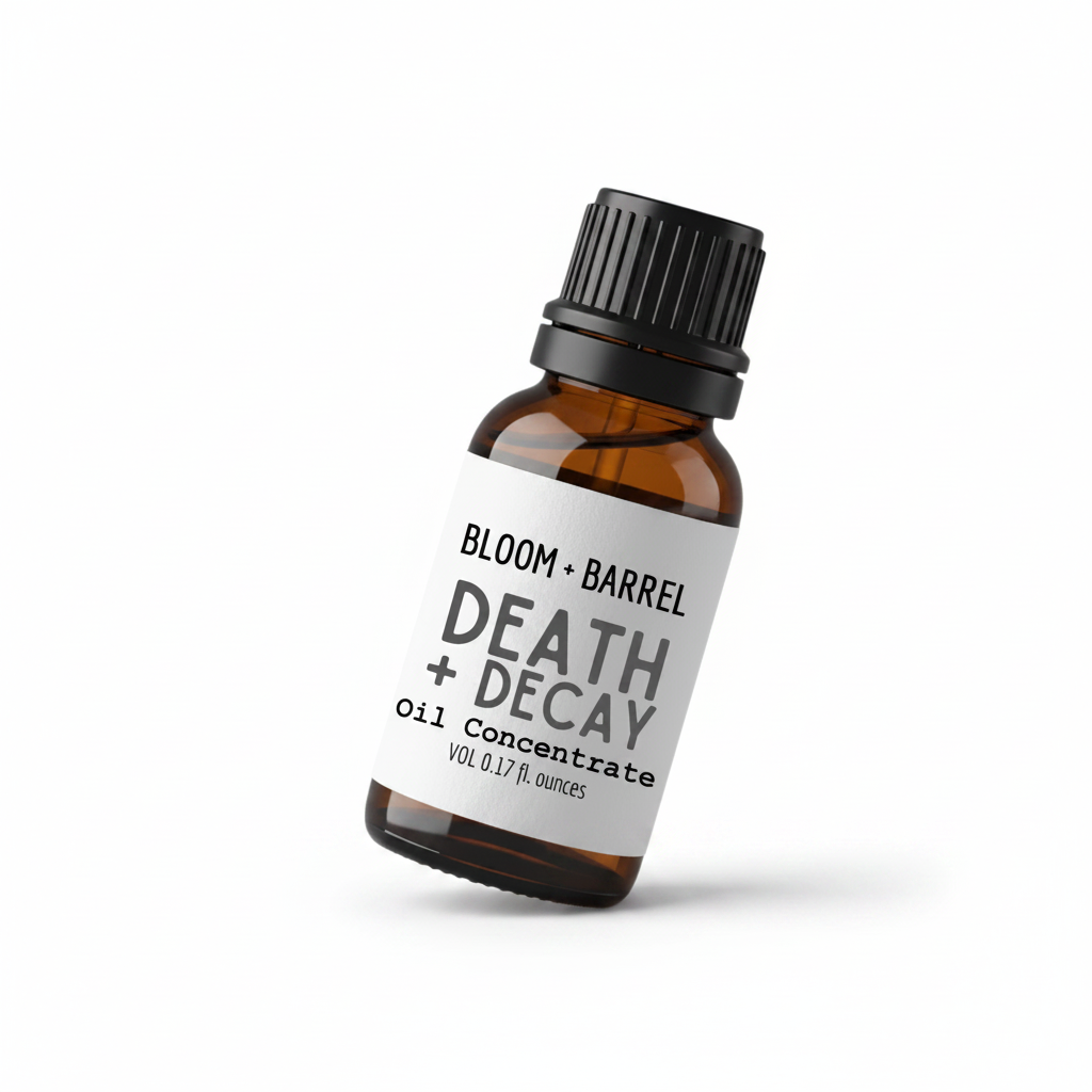 Bottle of Bloom + Barrel Death + Decay Oil Concentrate on a white background