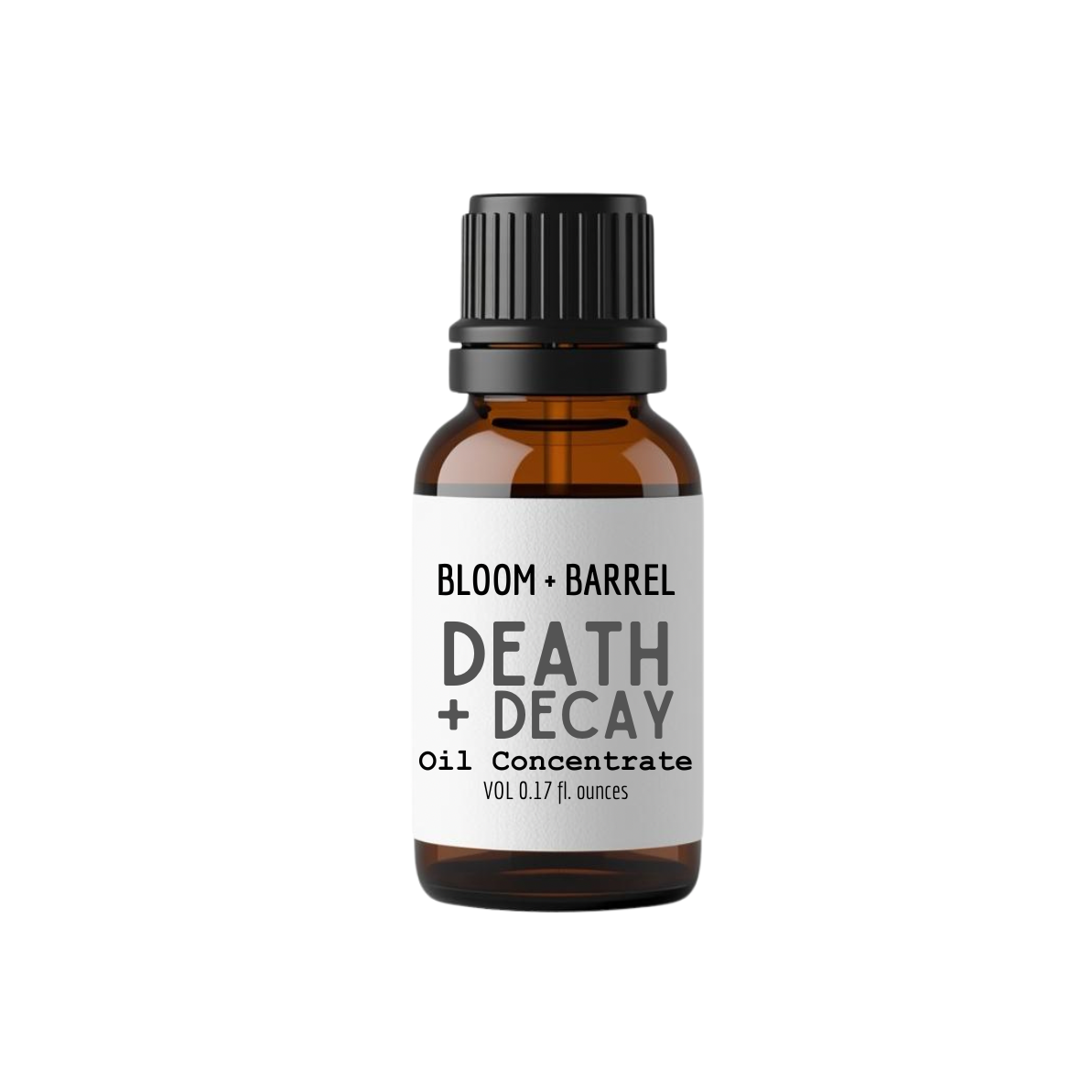 Bottle of Bloom + Barrel Death + Decay Oil Concentrate on a white background