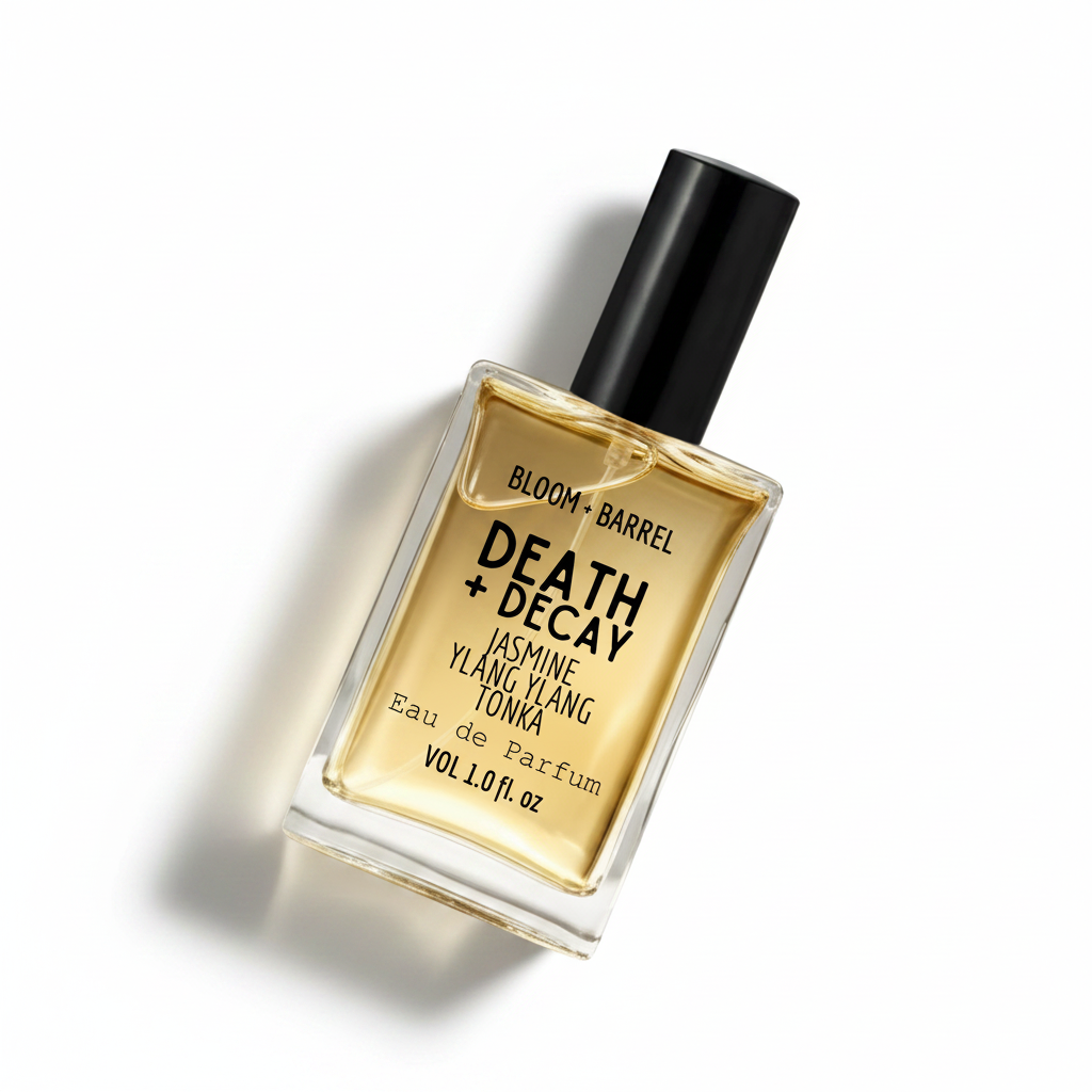 Perfume bottle labeled 'Death + Decay' by Bloom & Barrel on a white background