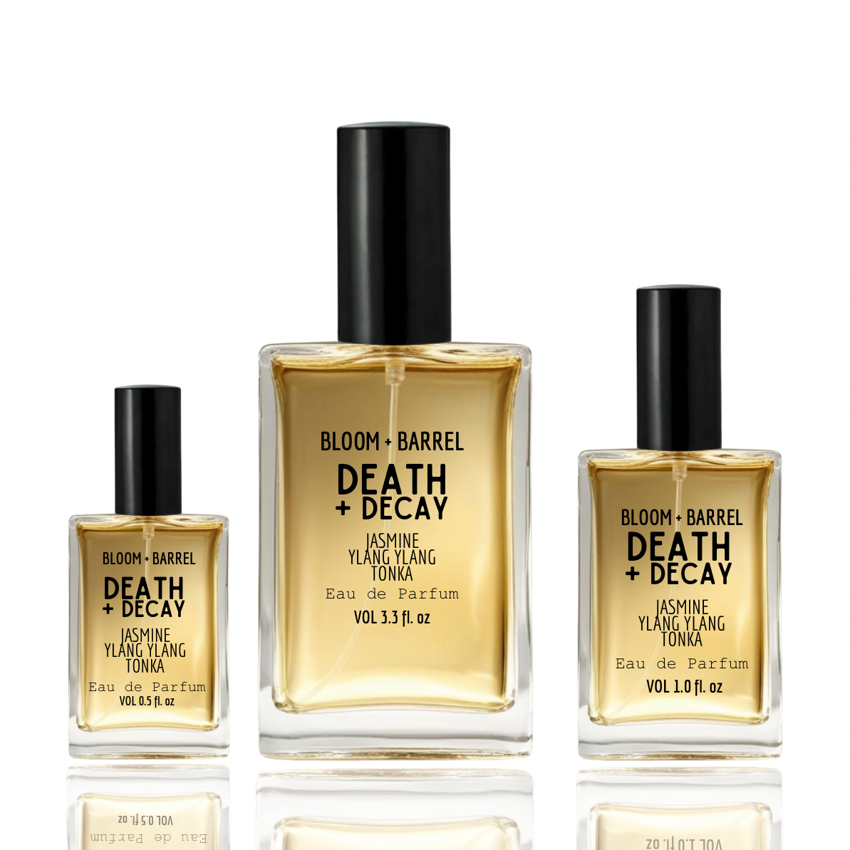 Three bottles of Bloom + Barrel 'Death + Decay' perfume on a white background