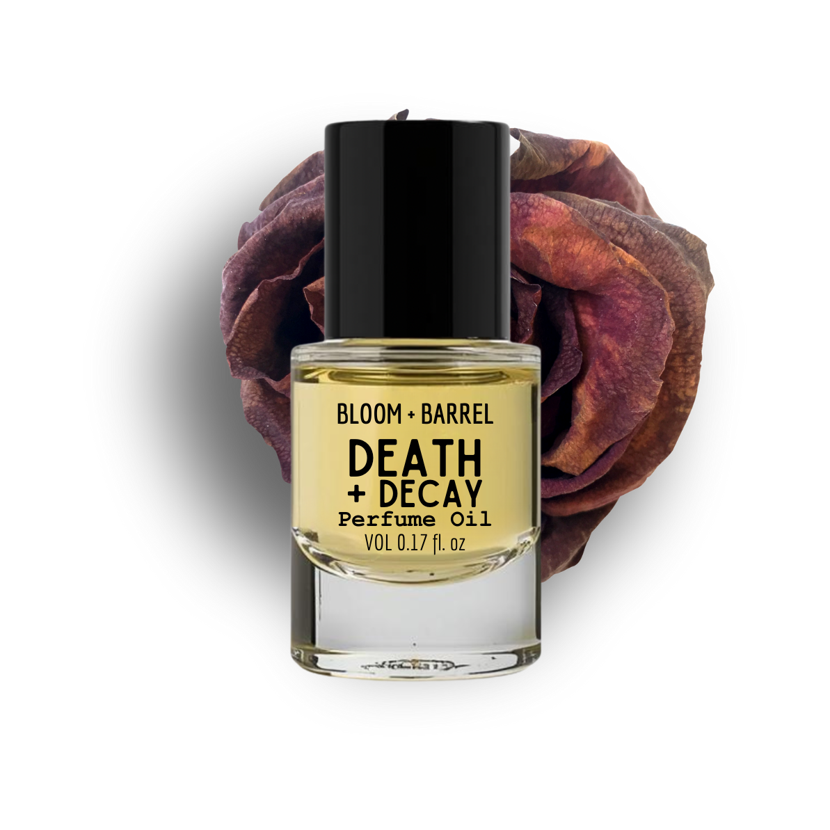 Perfume oil bottle labeled 'Death + Decay' with a dried rose on a white background